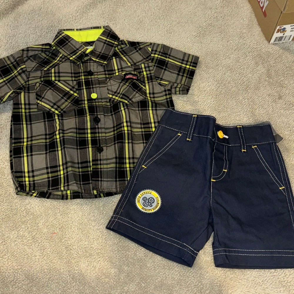 New NWT Dickies boy baby collared button up short sleeve shirt blue shorts 3-6m
